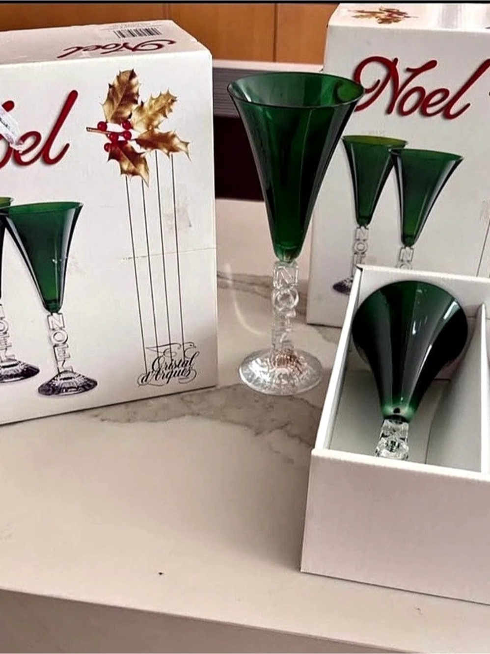 Cristal d'Arques Noel Champagne Flutes Green & Clear Lead Crystal Set of 4